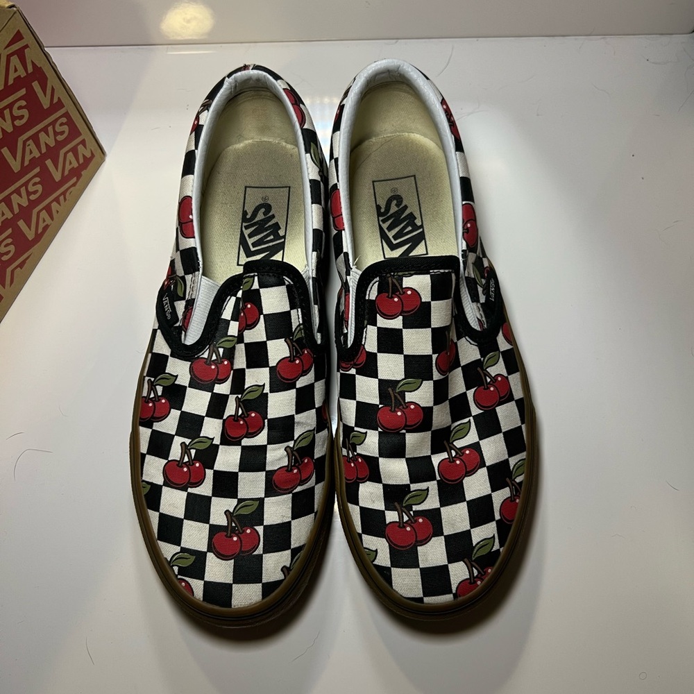 Vans Black and White Cherry Slip-On Sneakers - Picture 8 of 8